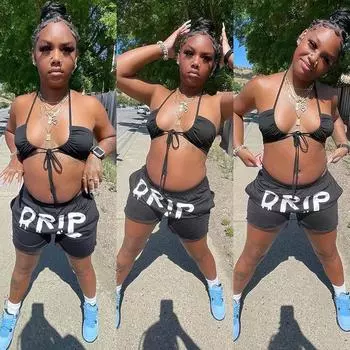 Stylish Halter Neck Printed Lace-Up Two-Piece Suit for Women Medium