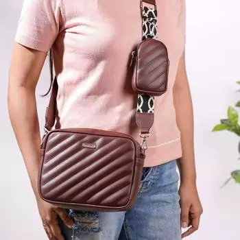 Стильная женская сумка-слинг из веганской кожи ручной работы с мешочком для монет | Застежка-молния и 1 внутренний карман | Регулируемые и съемные ремни | Коричневый