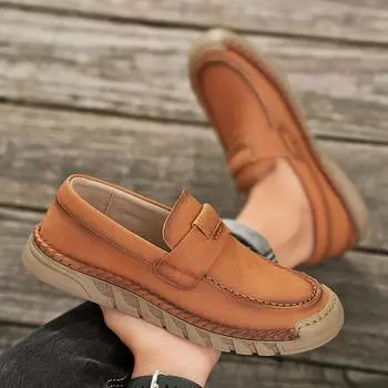 Stylish Leather Flats Men Summer Sneakers Leisure Walk Hiking Shoes Non-Slip Man Outdoor Shoes Vintage Style Treking Footwear 38 чёрный