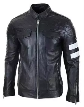 Стильная кожаная мужская куртка ручной работы из натуральной черной овчины для байкера S чёрный