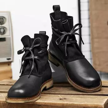 Stylish Male Business Casual High Top Shoes Genuine Leather Lace-Up for Men Motocross Boots High Quality All-match Male Boots 38 чёрный