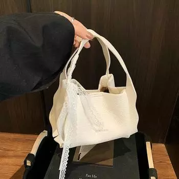 Stylish niche handbag New solid color commuter lace bow messenger bag белый