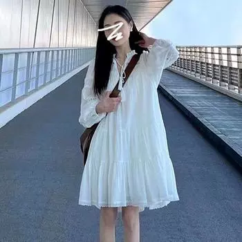 Stylish Niche Style Cut Out White Lace Dress Female Summer New Arrival Ethnic Style Loose Long Sleeves A- line Skirt 772# [Long sleeves]] 3XL