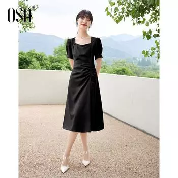 Stylish OSHA Elegant Taro Purple Square Collar Dress Black S