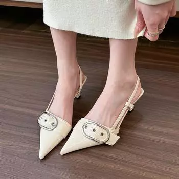 Stylish! Pointed belt buckle shallow mouth high heels women s 2024 spring and summer thin heel cool slippers 35