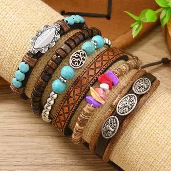 Stylish retro leather hand-woven beaded wood beads retro flower inlaid turquoise 6 разноцветный