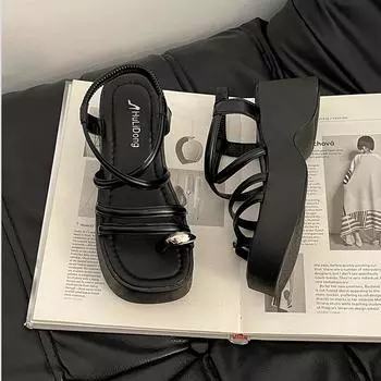 Stylish retro simple strap rhinestone cover toe slope heel slippers women s summer casual thick sole with skirt sandals 35