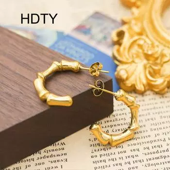Stylish, simple and personalized design niche earrings 18k gold titanium steel C-shaped bamboo joint cold and versatile earrings золотой