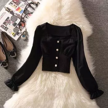 Stylish Square Collar Short Shirt Spring & Fall New Arrival Lady Lady Princess Sleeves Short Top Pure Color Long Sleeves Cardigan Black S