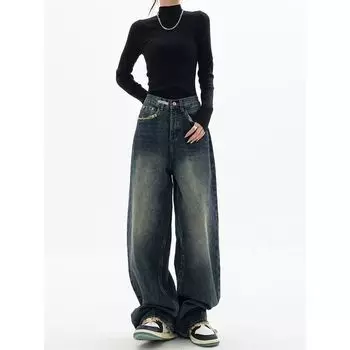Stylish Straight-leg Denim Female Fall and Winter 2025 New Arrival Plus Size Plus Size Ladies Loose Mop High Waist Slim Looking Loose Pants Blue Gray L code [55.00 kg-60.00 kg]]