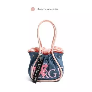 Stylish Studio Korean Style Lazy Black Pink Canvas Bag Women s Embroider Handbag Large Capacity Shoulder Tote Bag Denim powder