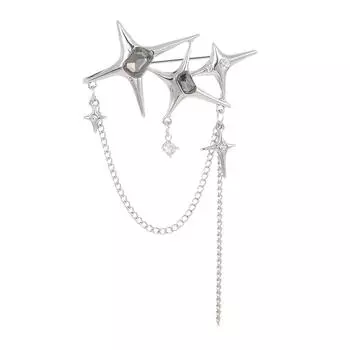 Stylish Women Breastpin Four Pointed Star Chain Blouse Pin Crystal Badge Jewelry Personality Punk Brooch for Women