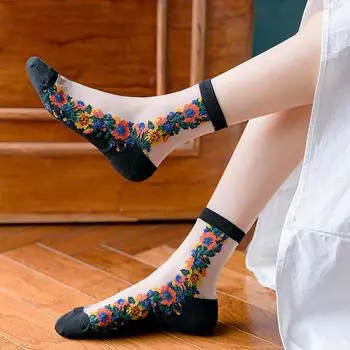 (SU)1 пара женских летних льняных носков с вышивкой в стиле ретро, маленькие цветочные носки One size чёрный