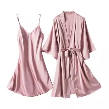 (SU)Атласная шелковая пижама женская ночная рубашка нижнее белье халаты нижнее белье пижамы сексуальная M чёрный