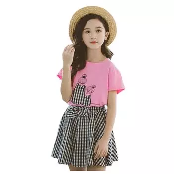 (SU)Детские модные топы с героями мультфильмов для маленьких девочек, футболка, клетчатые шорты, комплект одежды 150 розовый