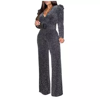 (SU)Fahion Женские комбинезоны с V-образным вырезом и высоким эластичным золотом и проволокой с длинными рукавами