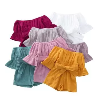 (SU)Комбинезон с открытыми плечами и бантом для маленьких девочек и мальчиков, комбинезон, наряды 90 синий