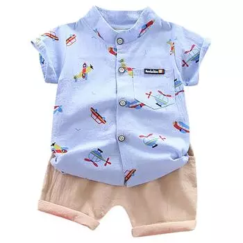 (SU)Комплект одежды для джентльменов с рисунком самолета для маленьких мальчиков, топы, шорты, комплект одежды 90/M зелёный