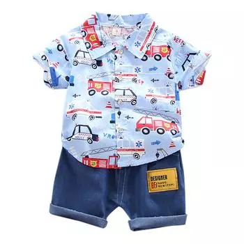 (SU)Комплект одежды для маленьких мальчиков 1-4 лет, футболка с героями мультфильмов, топы + шорты, летние наряды 100=L серый