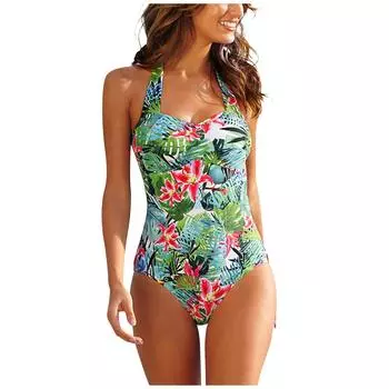 (SU)Купальники больших размеров для женщин, купальный костюм с V-образным вырезом, сексуальные купальники, монокини, винтажный бюстгальтер с лямкой на бретельках, купальники, спортивные купальники L зелёный