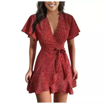 (SU)Летнее повседневное вечернее платье с v-образным вырезом и оборками на талии, платье в горошек, пляжное платье, мини-платье, облегающее женское платье с поясом M чёрный