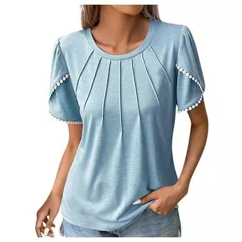 (SU)Летние женские повседневные топы с круглым вырезом и плиссированными манжетами нерегулярной формы с коротким рукавом L хаки