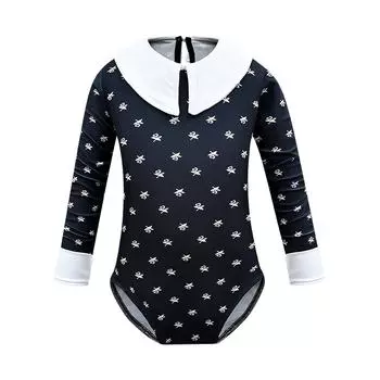 (SU)Летний цельный купальник с длинными рукавами и лацканами для девочек, детский купальник 110 чёрный