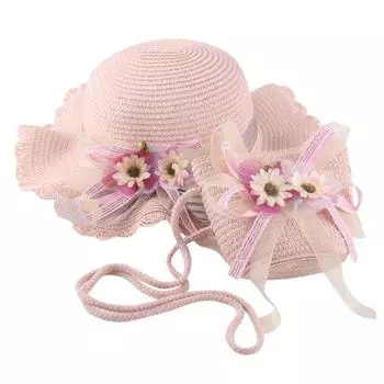 (SU)Летняя детская соломенная ведро с цветами и рюшами для маленьких девочек, рыбацкая шапка + набор сумок с цветами One size розовый