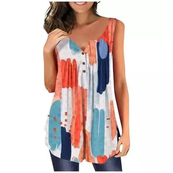 (SU)Майка для женщин, топы с рюшами, свободные топы, повседневные топы большого размера, плиссированные топы на пуговицах, повседневные летние топы с цветочным принтом L фиолетовый