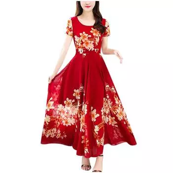 (SU)Модное повседневное женское тонкое платье трапециевидной формы с коротким рукавом и принтом M зелёный