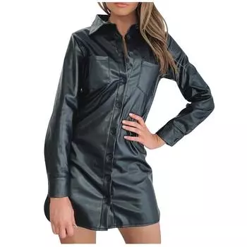 (SU)Модное женское однотонное тонкое платье с v-образным вырезом и длинным рукавом, кожаное платье XL коричневый