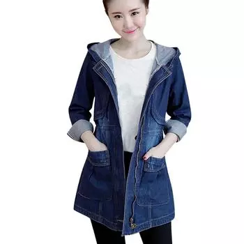 (SU)Модные женские джинсы Топ джинсовая блузка с капюшоном с длинным рукавом свободное пальто L синий