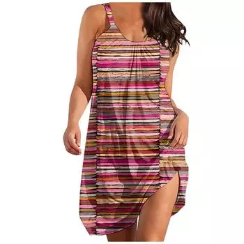 (SU)Модные женские платья-туники без рукавов с принтом Платье-футболка больших размеров