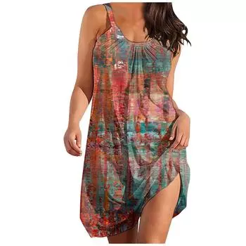 (SU)Модные женские платья-туники без рукавов с принтом Платье-футболка больших размеров