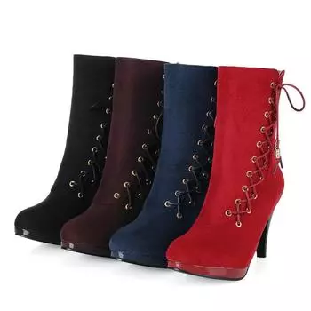 (SU)Модные женские замшевые туфли на высоком каблуке на шнуровке, однотонные короткие ботинки с круглым носком 39 чёрный