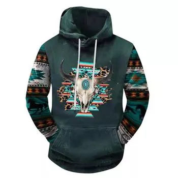 (SU)Модный свободный мужской и женский свитер с капюшоном с длинным рукавом и принтом M циан