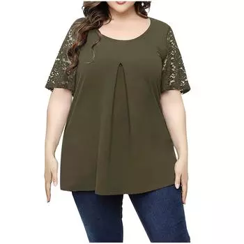 (SU)Модный женский кружевной топ 2022 с круглым вырезом и коротким рукавом, свободный удобный топ больших размеров XXXXL темно-синий