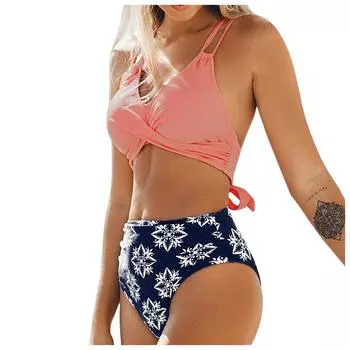 (SU)Модный женский купальник с цветочным принтом и нагрудником, сплит-бикини, купальный купальник M винный