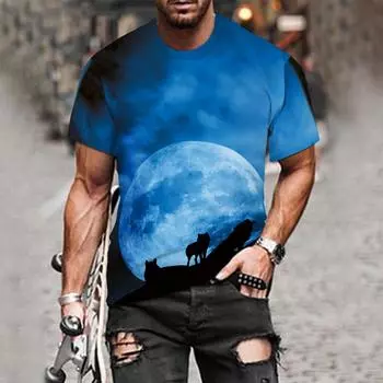 (SU)Мужчины Женщины Весна Лето Повседневная Тонкая 3D Печатная Футболка С Коротким Рукавом Топ Блузка XXXXXL синий