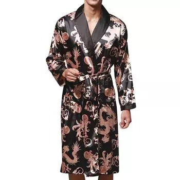 (SU)Мужская имитация шелкового принта, большие размеры, пижамы, нижнее белье, халат, халат, халат L синий