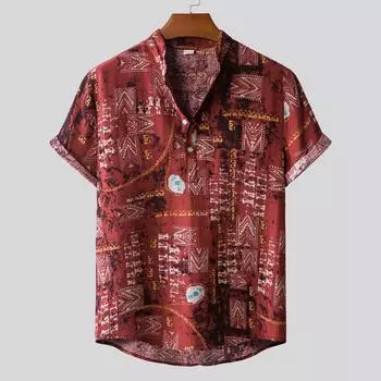 (SU)Мужская льняная этническая рубашка с коротким рукавом и повседневным принтом в гавайском стиле, блузка, футболка M красный