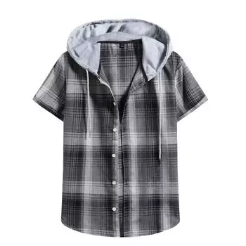 (SU)Мужская летняя повседневная свободная рубашка в клетку с капюшоном и короткими рукавами XL серый
