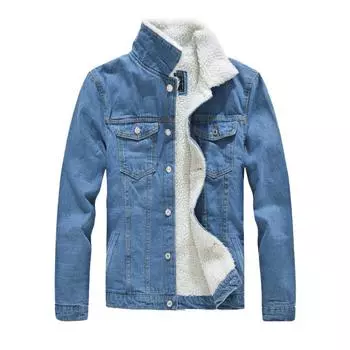 (SU)Мужская осенне-зимняя повседневная джинсовая куртка в стиле ретро с длинным рукавом и отложным воротником M светло-синий