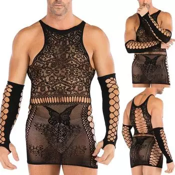 (SU)Мужская сексуальная модная одежда для сна, полое платье, негабаритная сумка, хип-юбка, сетчатое платье One Size