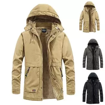 (SU)Мужская зимняя ветрозащитная однотонная мягкая куртка с капюшоном и длинными рукавами L армия зеленый