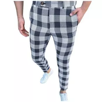 (SU)Мужские модные эластичные классические брюки, облегающие брюки в клетку, брюки для делового костюма, повседневные брюки для гольфа XL темно-синий