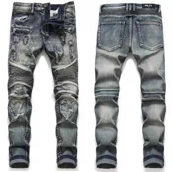 (SU)Мужские ностальгические мотоциклетные джинсы с дырками и несколькими молниями, плиссированные длинные брюки 32 синий