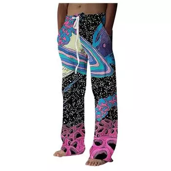 (SU)Мужские повседневные свободные и удобные повседневные брюки, хлопковые льняные брюки с принтом на шнуровке