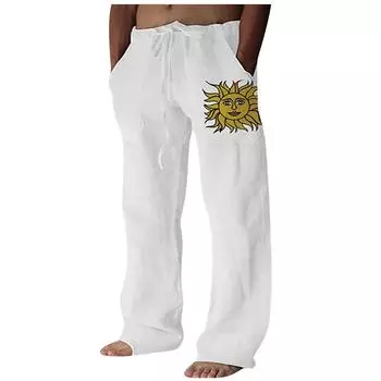 (SU)Мужские повседневные свободные однотонные хлопковые льняные брюки с принтом и эластичными брюками на шнурке XXL