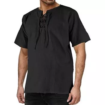 (SU)Мужской модный индивидуальный топ с короткими рукавами в стиле ретро из хлопка и конопли XXL чёрный